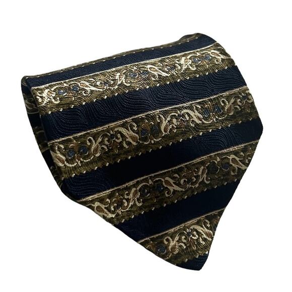 Principe Navy Blue Green Tan Striped Ornate Pattern Silk Tie - Picture 1 of 6
